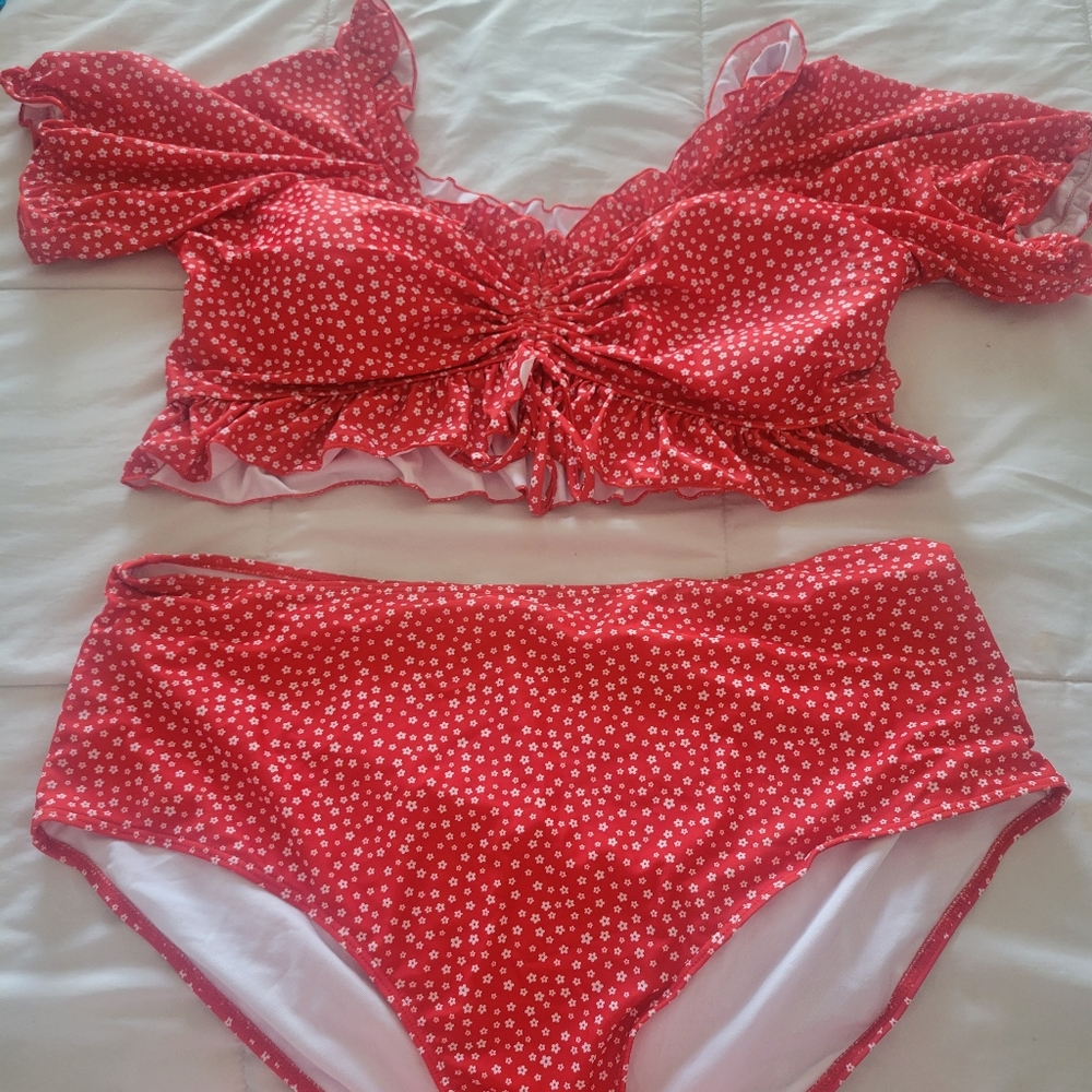 two piece red floral swim suit